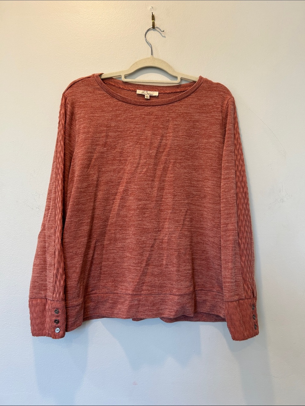Le Serein Rust Heather Crewneck Sweater with lace inset detail on arms